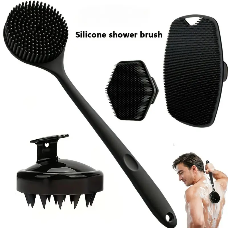 This four-piece shower brush set is designed for massage of the back, face, body, and scalp. It includes a gentle, long-handled body brush with soft bristles that effectively cleanses and removes dead skin. Exfoliating Brush Exfoliating Body Scrubber