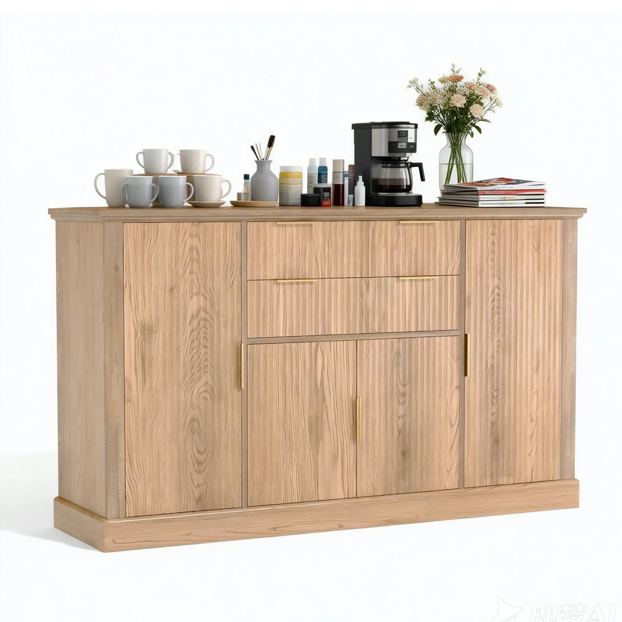 Fluted Buffet Cabinet with Storage,Modern Credenza Modern Credenza Accent Sideboard  with 4 Doors&Adjustable Shelves,Wood Coffee Bar Table