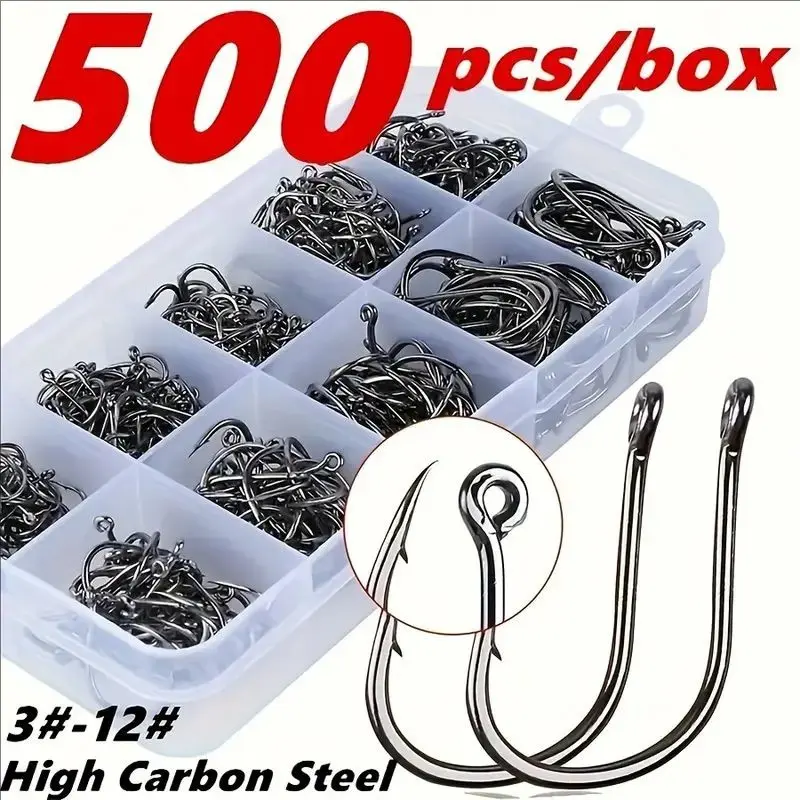 500pcs Fishing Hooks Box, High Carbon Steel Barbless Hooks, Isoni Hooks with Eye Ring, Sea Fishing Hooks, Carp Hooks, Fishing Accessories, Outdoor Fishing Accessories