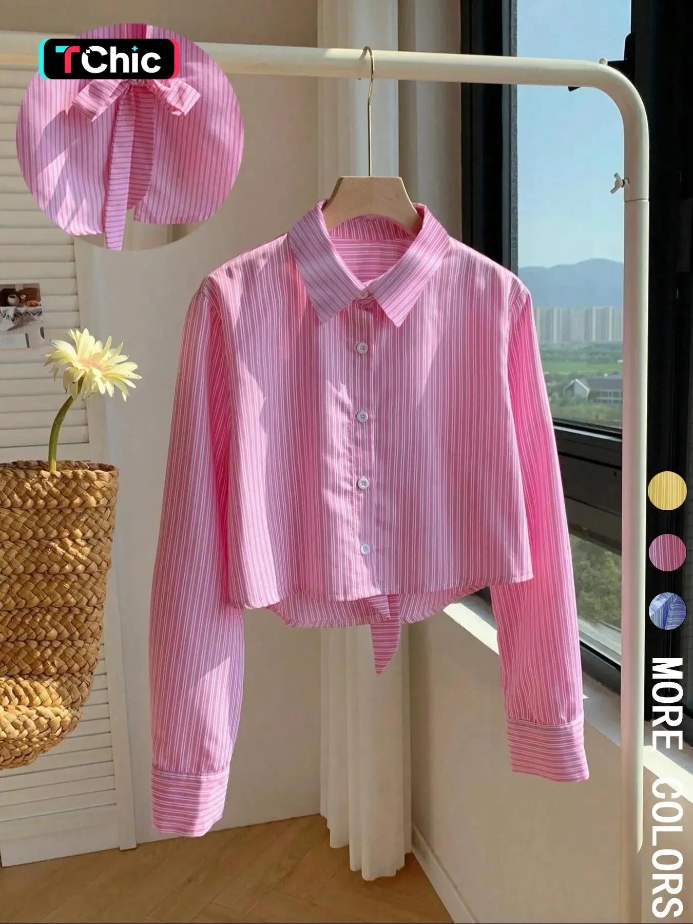 Women's Striped Print Shirt Blouse, Casual Long Sleeve Collared Top for Daily Wear, Casual Daily Tops, Ladies Clothes for All Seasons, Knot Button