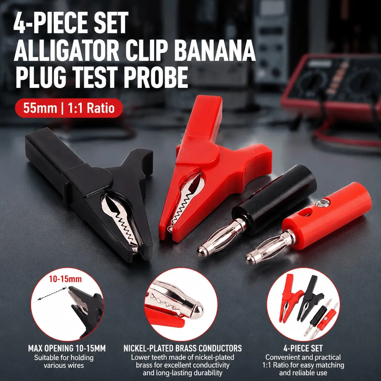 55mm Large Red Black Alligator Clips Set with Spring, Banana Plugs, High Conductivity Full Copper Circuit Test Clips, Insulated Safety Multimeter Test Leads for Electrical Repair, DIY Electronics Experiments & Tools
