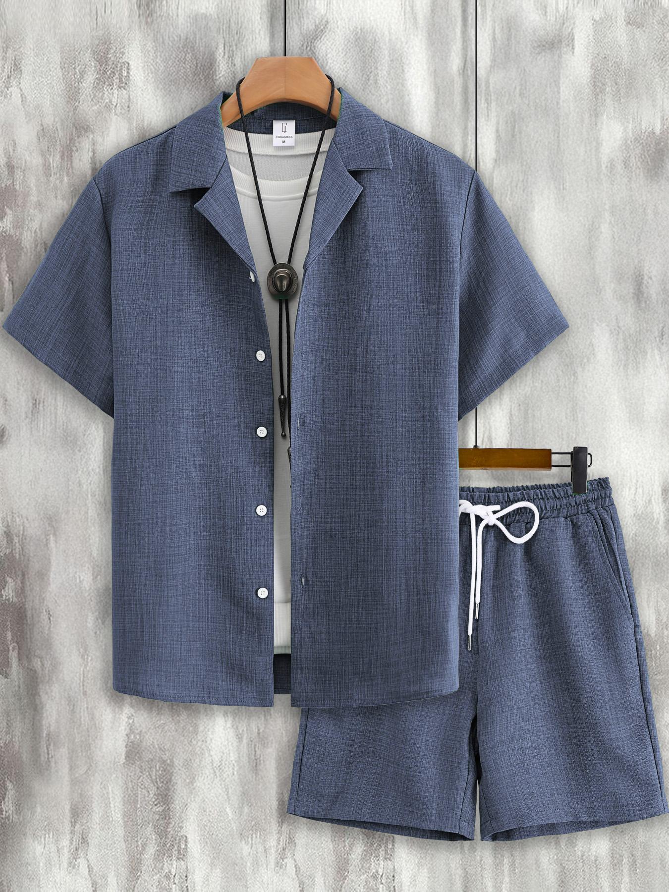 Men's Button Front Shirt & Drawstring Waist Shorts Loungewear, Casual Comfy Short Sleeve Top & Shorts Set, Men's Loungewear for Summer, Menswear, Relaxed Fit Loungewear, Shorts Pajama