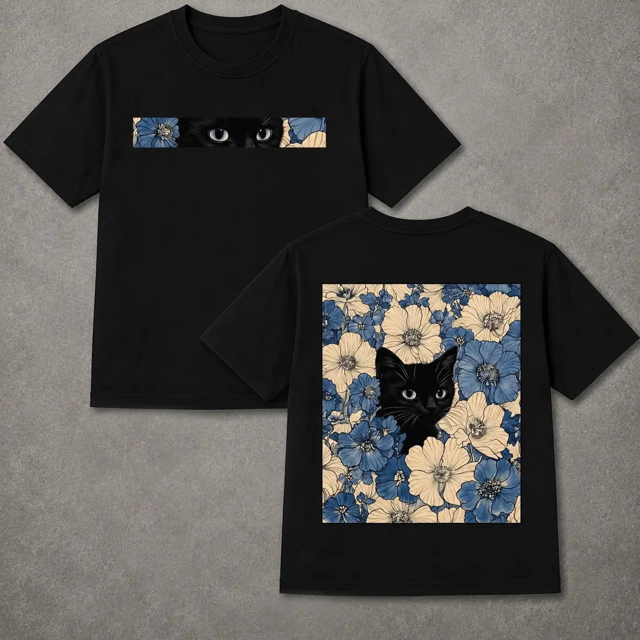 "Cat in the Flowers" Double-Sided Print T-Shirt Cotton, Men's Casual Comfortable Street Style Tee, Vintage Floral Feline Graphic Top Streetwear Menswear Soft Tshirt