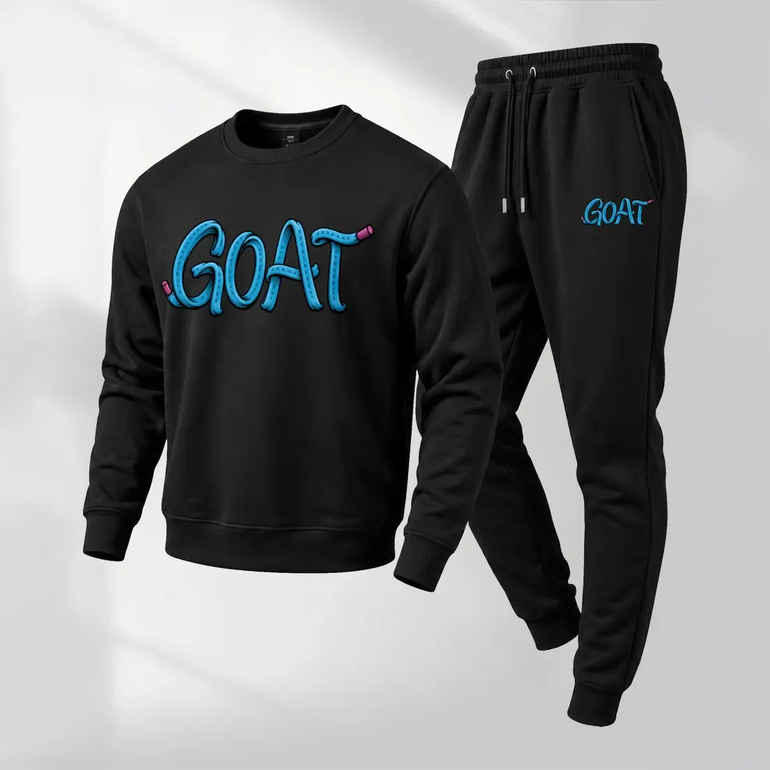 Men's Goat Letter Graphic Crewneck Sweatshirt and Jogger Pants Set, Casual Long Sleeve Pullover with Drawstring Sweatpants, Fall Winter Tracksuit for Daily Wear, Travel, Lounge, Workout and Indoor Outdoor Activities
