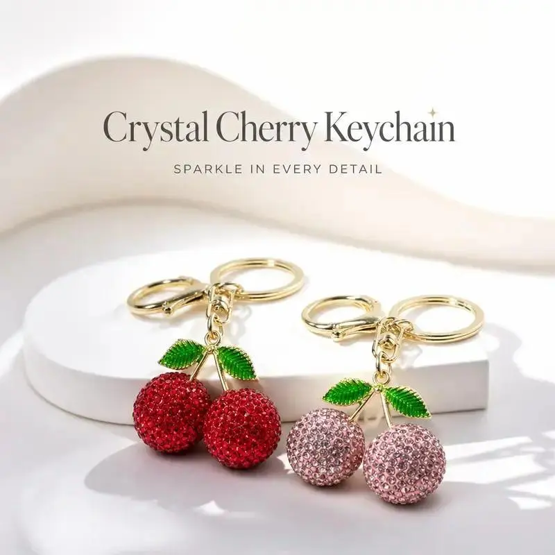Bling Quuen Full Diamond Inlaid Cute Cherry Keychain, Sparkly Rhinestone Bag Charm, Shiny Crystal Purse Accessories, Fashion All-Match Pendant for Women Girls, Exquisite Birthday Party Gift