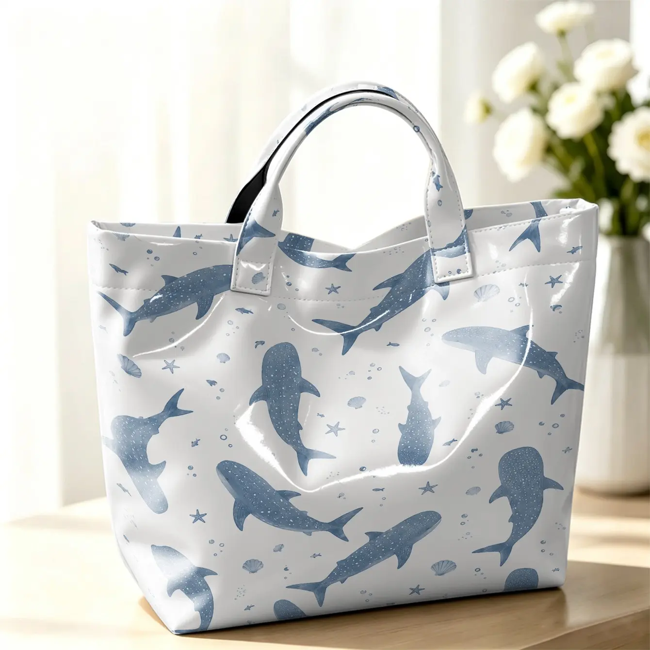 1pc Large Capacity Women Tote Bag, Light Blue Whale Shark Seashell Starfish Bubble Print Glossy Waterproof PVC Handbag, Minimal Fresh Ocean Casual Shoulder Bag for Shopping School Office Beach Travel Daily Use