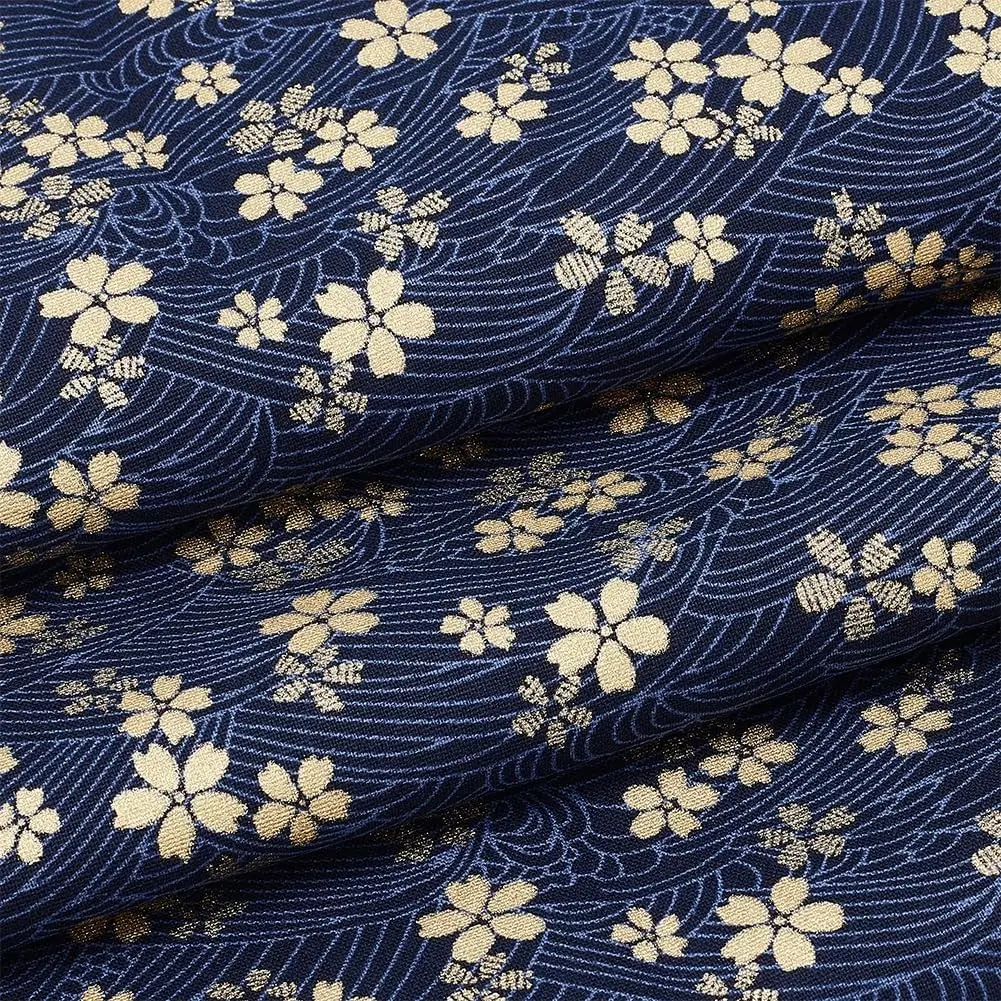 Blue Japanese Cotton Fabric with Gold Cherry Blossom and Wave Print, 1 Yard x 59 Inch Sakura Quilting Bundle for Sewing Clothing, Bags, Tablecloth, Sofa Pillow and DIY CraftsGift