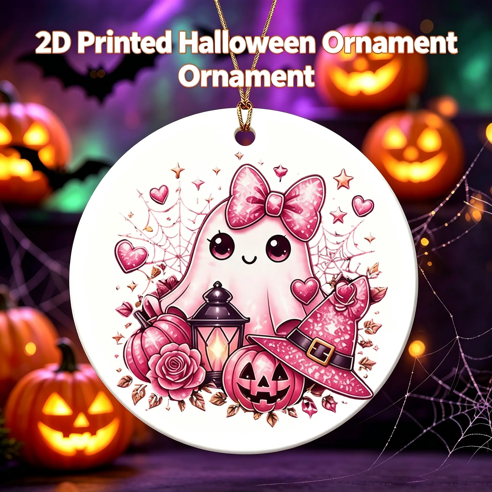 Cute Kawaii Style Ceramic Ornament Pink Ghost With Witch Hat And Pumpkin Pattern Ceramic Hanging Decoration For Halloween Home Tree Decor 3 Inch