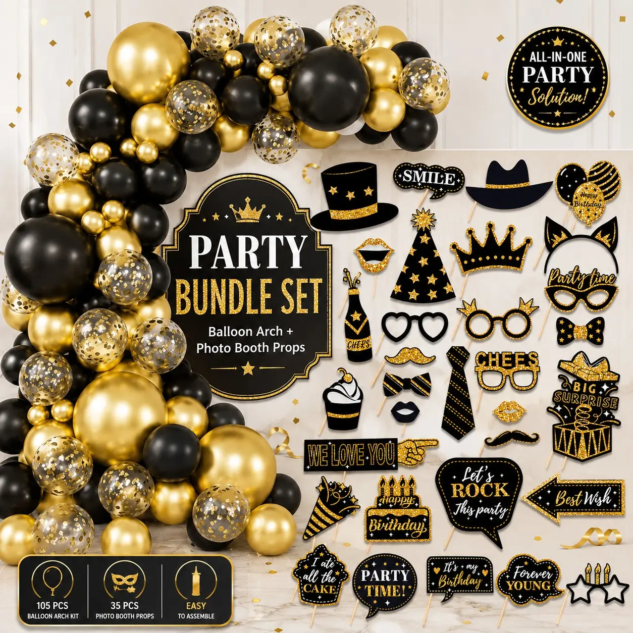 140-Piece Gold Birthday Party Combo Set, Balloon Arch + Photo Props, Perfect for Celebrations, Stylish and Versatile Decor, Birthday Party Kit