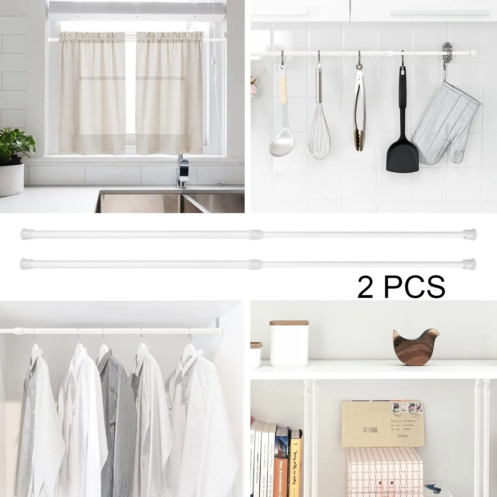 Adjustable Extendable Rods No Drilling Needed, Closet Window Bathroom Garage Use, Curtain Rod Shelf Storage Rack Kitchen Balcony Decor