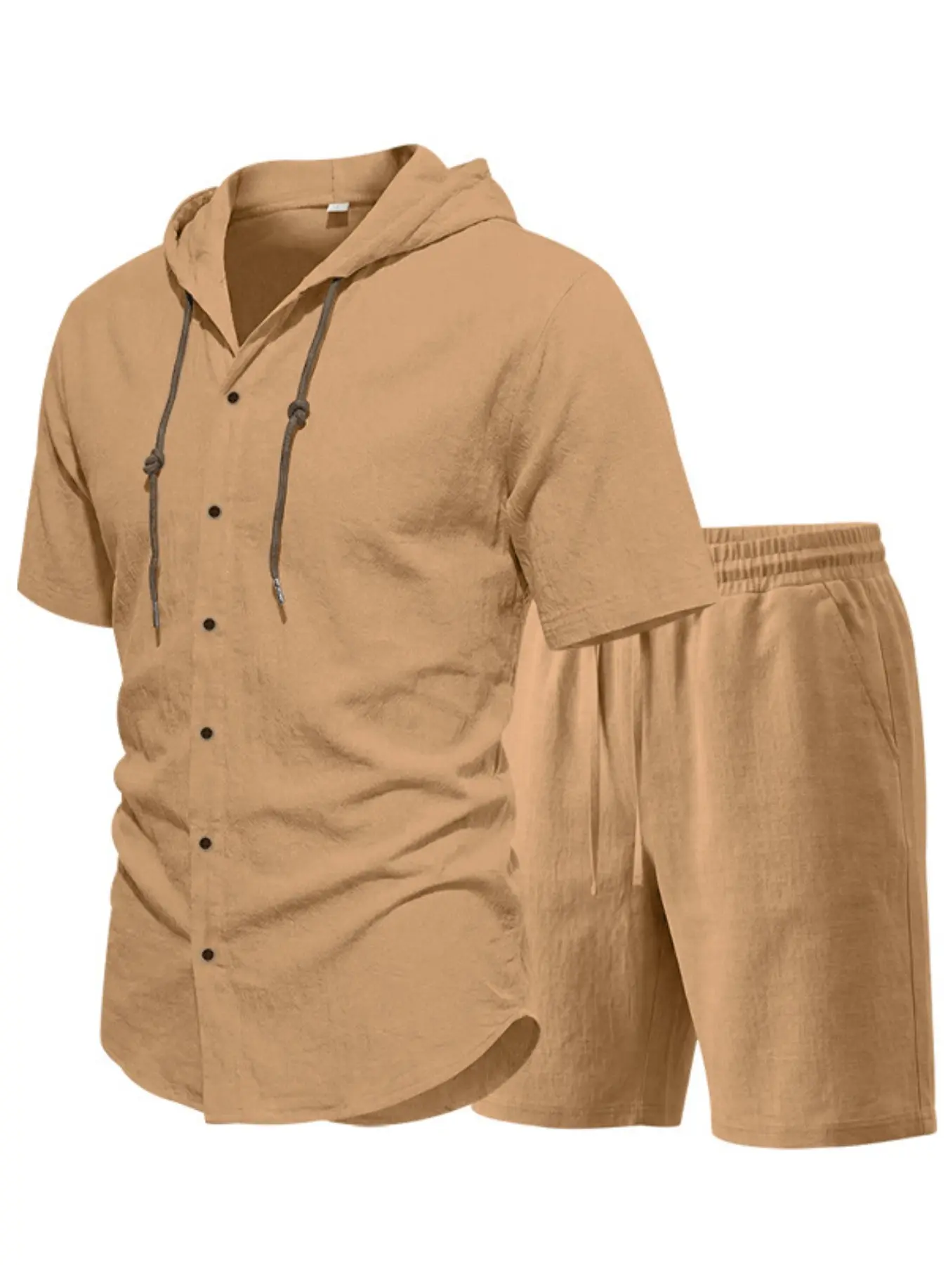 Men's Spring Summer Loose Fit Solid Linen Set, Plain Short Sleeve Hoodie + Casual Track Shorts, Beach Two-Piece Set, Daily Wear, Detachable, Clothes