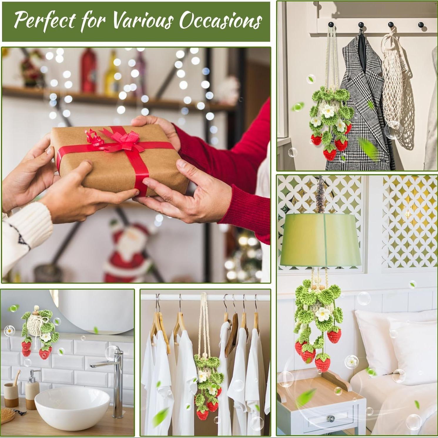 Hanging Car Air Freshener, 12ML Empty Refillable Car Oil Diffuser Bottle with Crochet Strawberry Pot Plant Decor, Car Fragrance, Car Aroma Diffuser, Cute Hanging Car Freshener Diffuser, Crochet Decor for Car Rear View Mirror