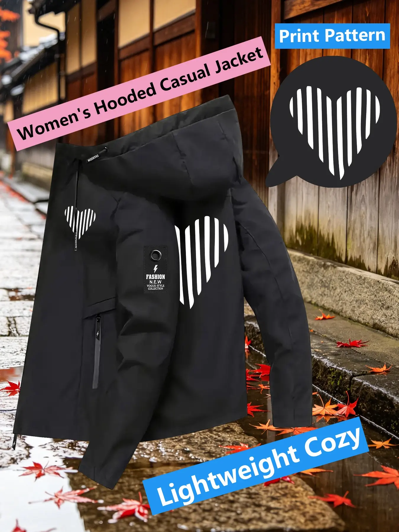 Women's Hooded Windbreaker Jacket Double sided Vertical Striped Heart Print Jacket Two Color Options Hooded Loose All Season Warm Jacket Ideal for Daily Commute Hiking Climbing Wear Skin Friendly Breathable Machine Washable Plussize