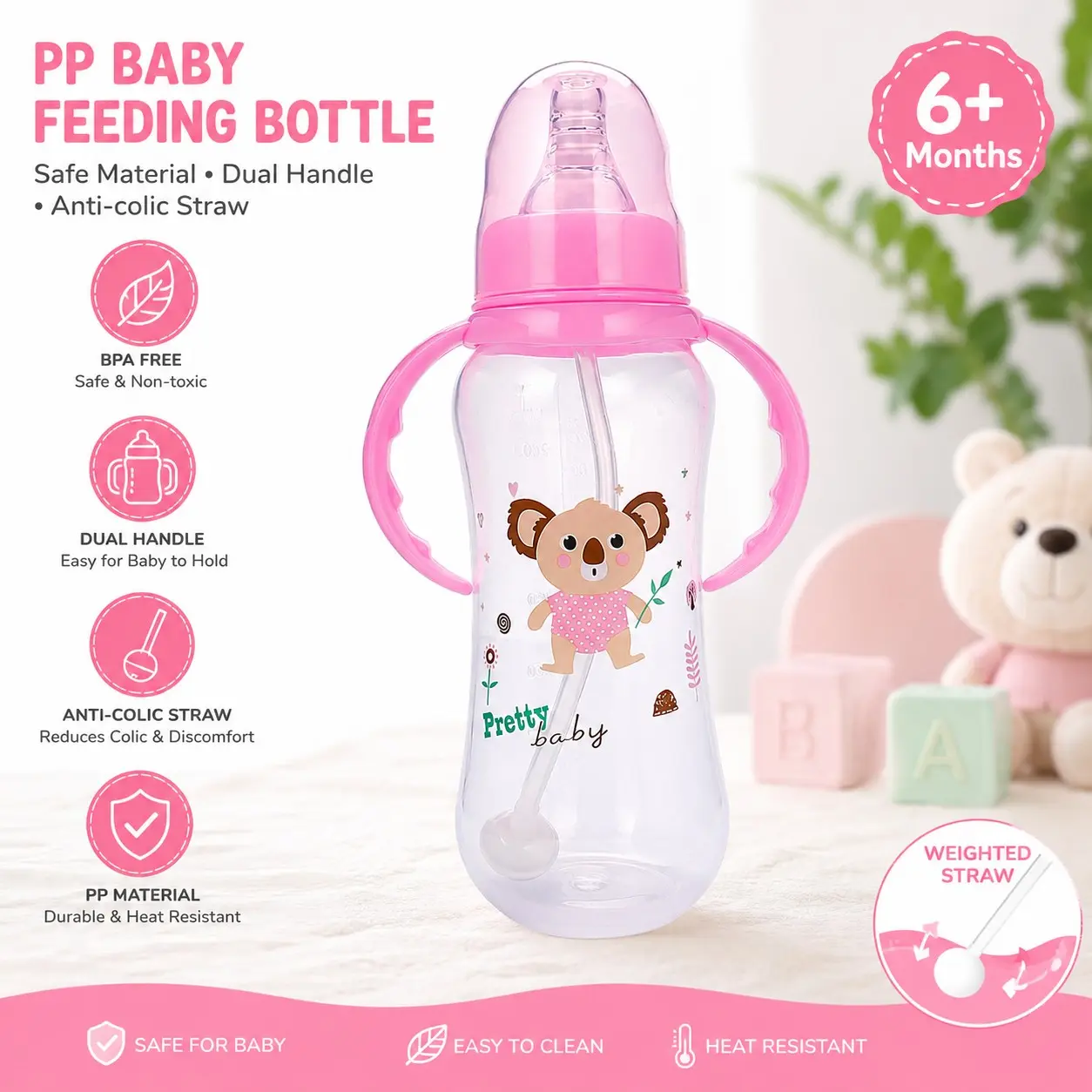 Pretty Baby 280ML PP Baby Bottle, Anti-Colic Design, Silicone Nipple & Lid, Durable High-Temperature Resistant, Perfect Gift for Babies, PP Newborn Nursing Bottle