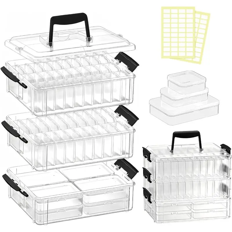 58-Piece Tiered Bead Organizer Box, 3-Tier Stackable Storage Case with Plastic Containers & Lids for Sports Trophies, Medals & Small Jewelry Making DIY Craft Items
