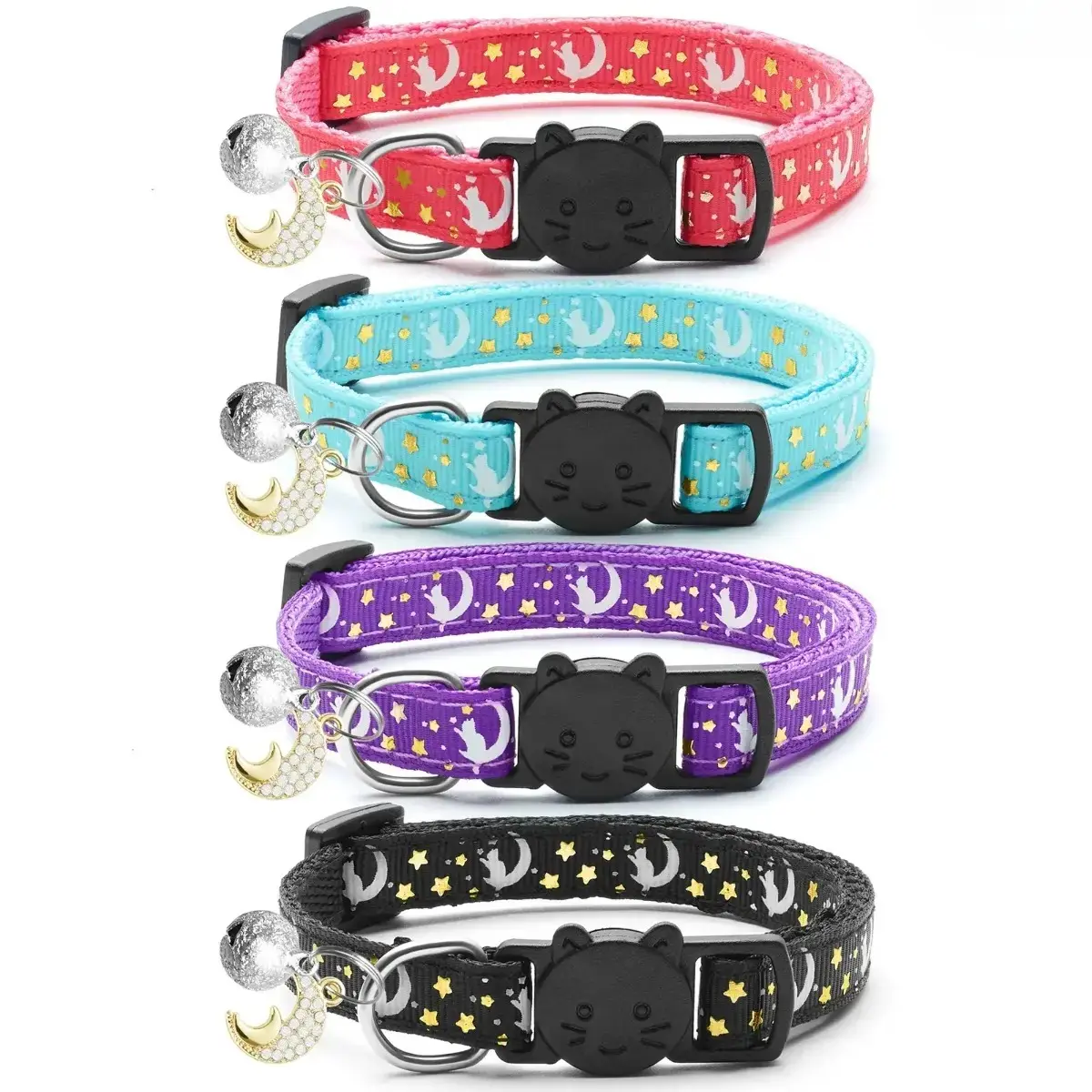4 Pack Breakaway Safety Cat Collars With Glowing Moon Pendant, Adjustable Pet Neck Accessories For Small Male And Female Kittens In Daily Use, Only Collars Are Provided Without Leash Or Harness