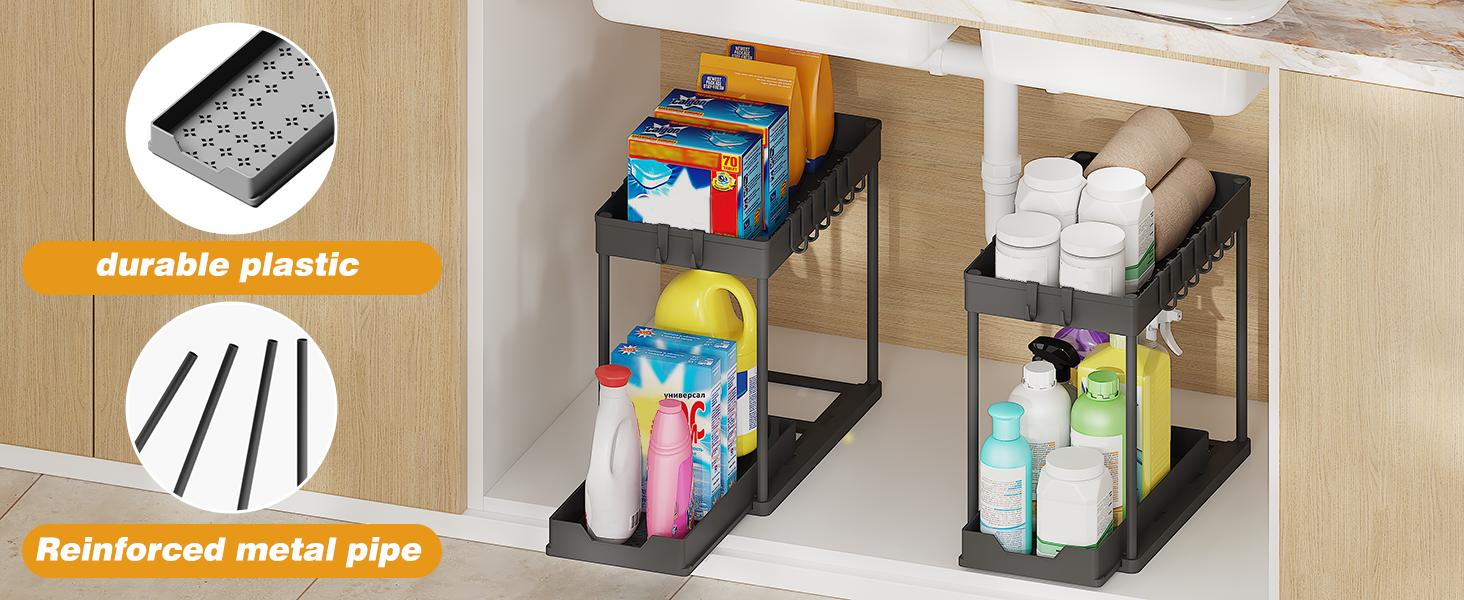 Under Sink Organizer – Bathroom Cabinet Storage with Pull Out Sliding Drawers – 12.8 Inch Shelf for Kitchen, Bathroom, Laundry Room & Cleaning Supplies Organization