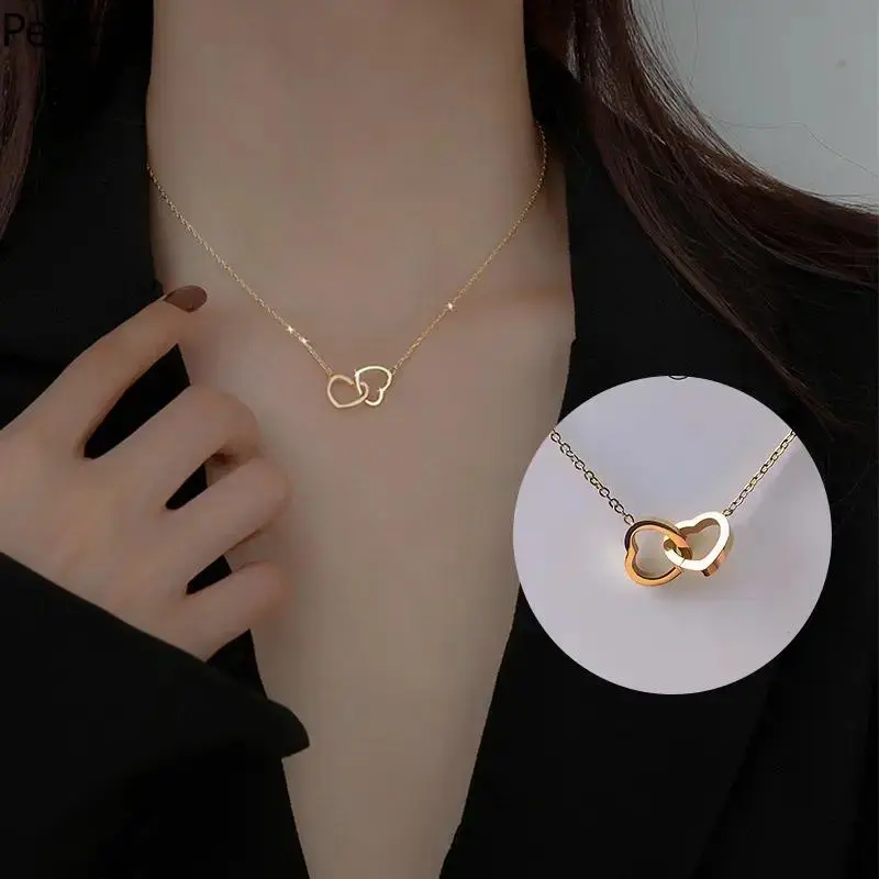 Korean-Style Double Circle Rose Gold Necklace, Dainty Minimalist Layered Pendant Chain, Non-Tarnish Titanium Steel Waterproof Hypoallergenic, Ideal for Everyday Wear, Anniversary or Birthday Gift