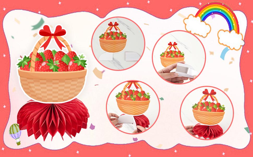 Sweet Strawberry Party Decorations, 12 Pcs Red & Pink Strawberry Honeycomb Centerpieces Table Toppers for Spring Summer Strawberry Theme Party, Birthday & Baby Shower Supplies