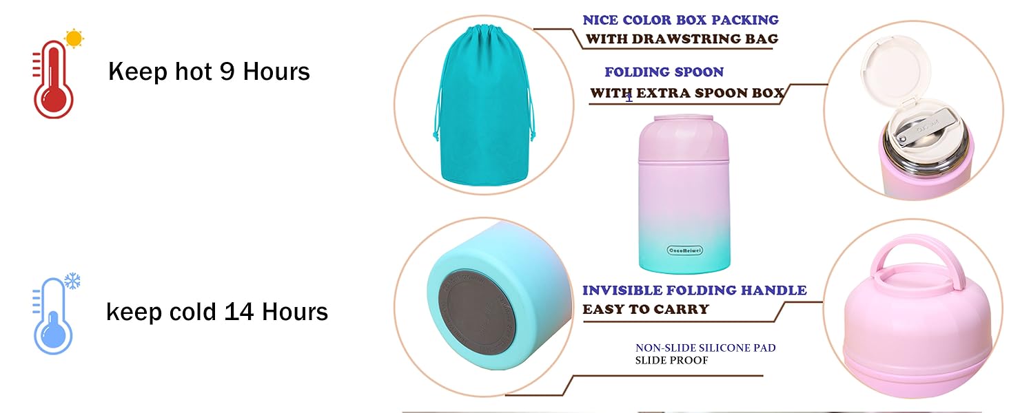 Thermo for Hot Food & Drinks, Thermo Lunch Box, 17oz Vacuum Insulated Food Container with Spoon&Drawstring Bag, Soup Thermo for Adults, Black