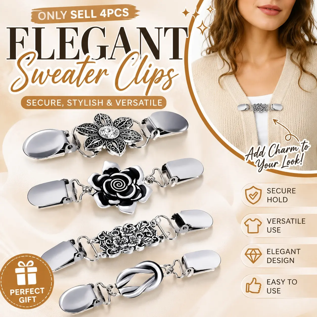 4pcs Vintage Sweater Clips, Vintage Cardigan Collar Clips, Suitable for Women and Girls, Shirt Brooches, Sewing Tool Set, Fashion Accessories