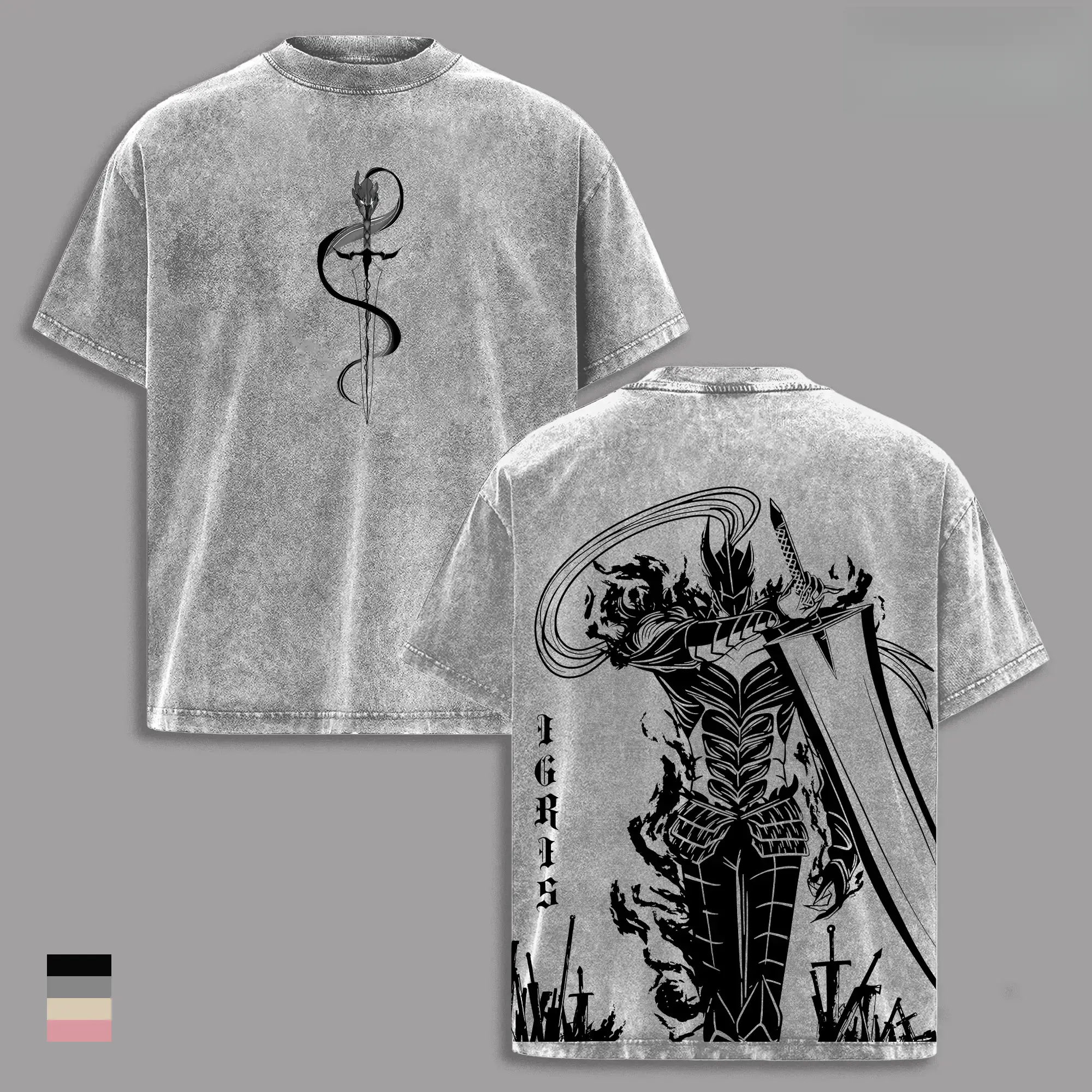Oversized Cotton Graphic T Shirt Igris Solo Leveling Shadow Army Commander Knight Print Heavyweight Loose Short Sleeve Top Retro Dark Fantasy Manhwa Streetwear Casual Gym Daily Party Outfit Unisex Anime Fan Gift Distressed Aesthetic Fashion Tee