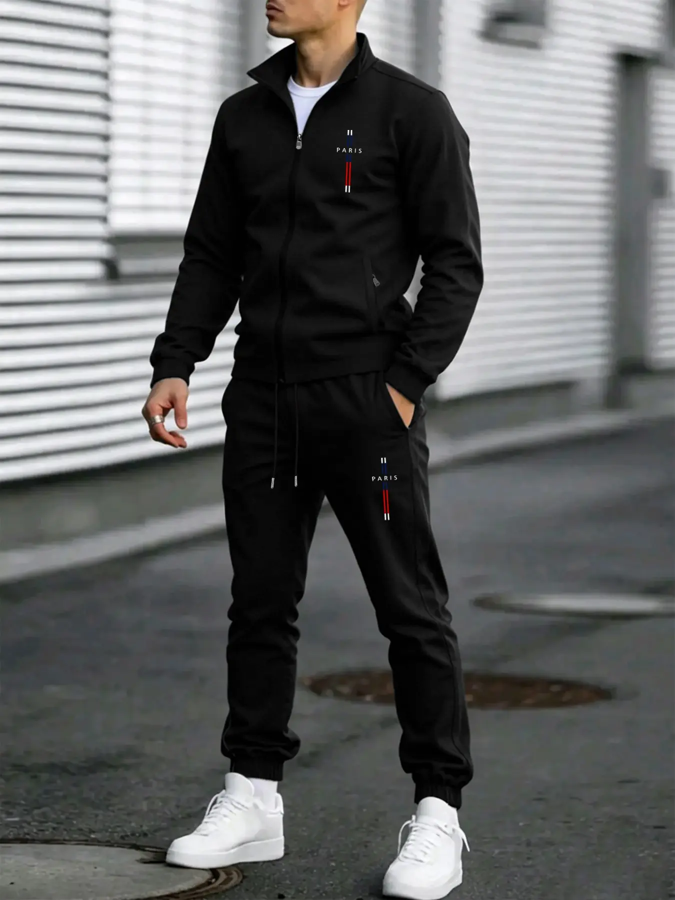 Men's Fall Winter Sport Set, Stand Collar Zipper Jacket + Matching Drawstring Pants, Loose Fit, Long Sleeve, Casual Style, Warm and Comfortable