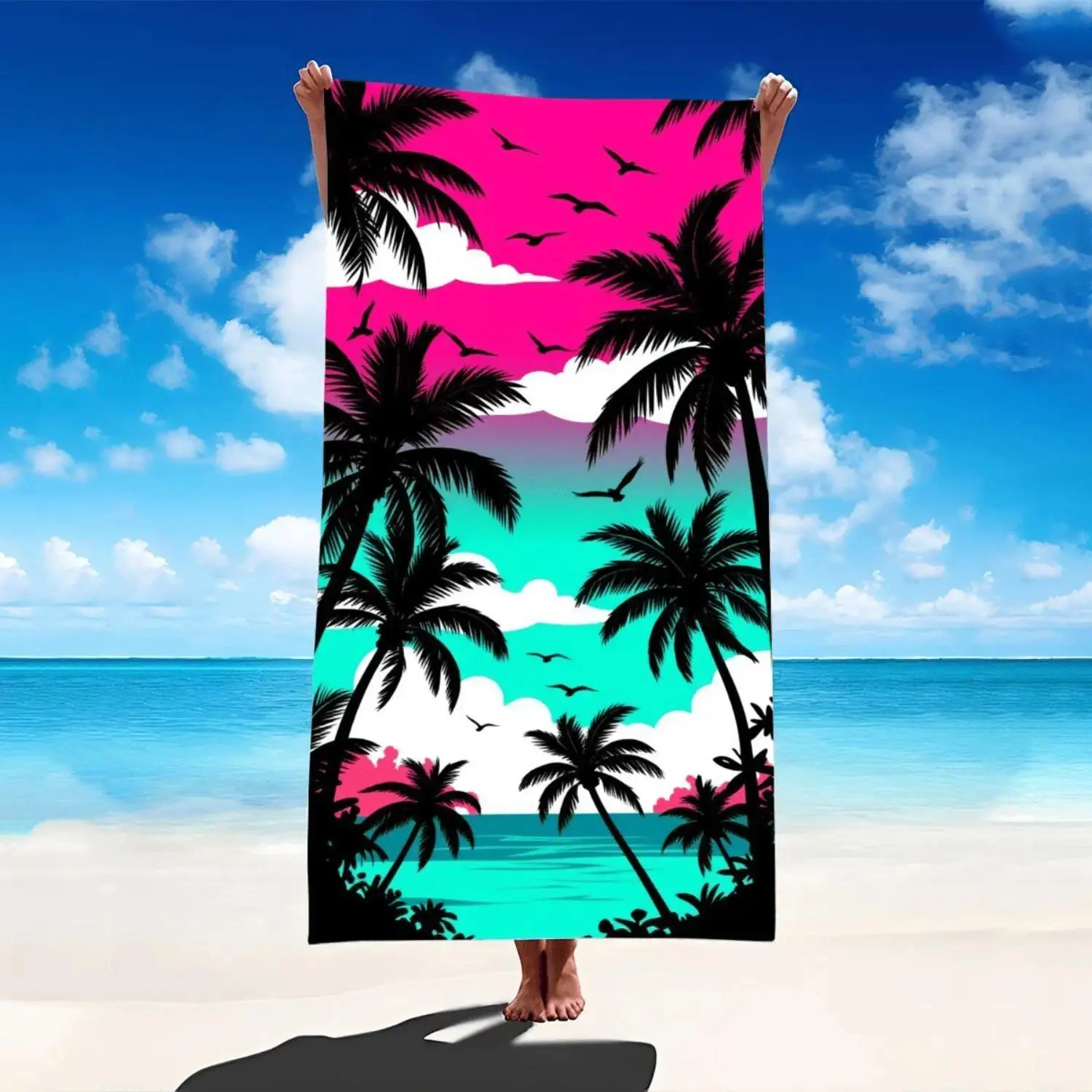 Tropical Palm Tree Beach Towel, Pink & Turquoise Sky Design for Summer Vacation Pool Party