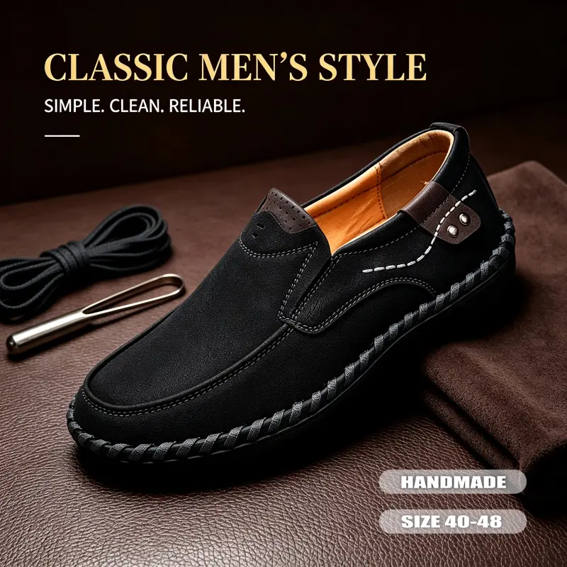Men's Handmade Faux Leather Slip-On Loafers, Round Toe, Stain Resistant, Comfortable Daily Business Wear Casual Shoes (US Sizing), Classical
