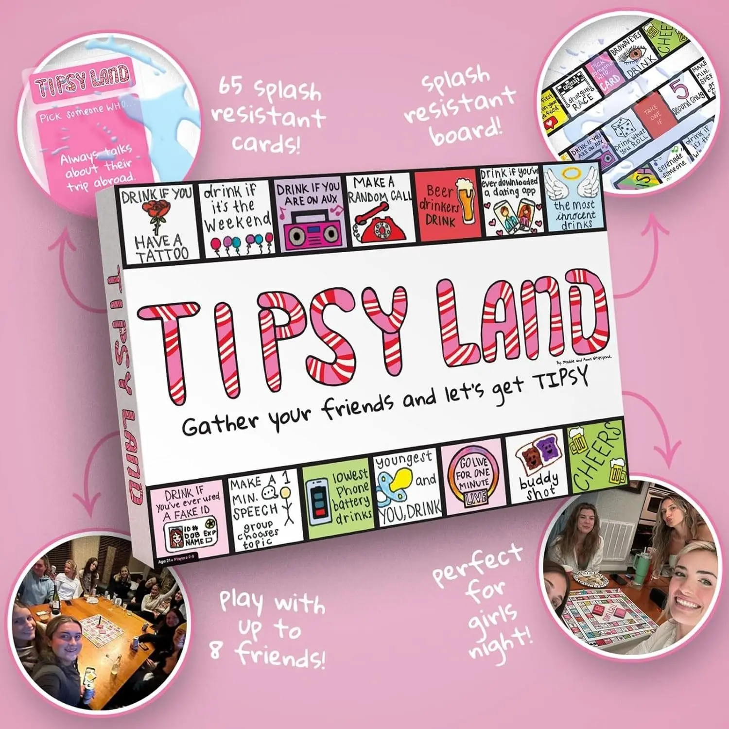 An ideal choice for holiday gatherings, an interesting adult game for bachelor parties, a splash-proof card and board game for New Year celebrations, a girls' night out, friends, Christmas, Thanksgiving, drinking games