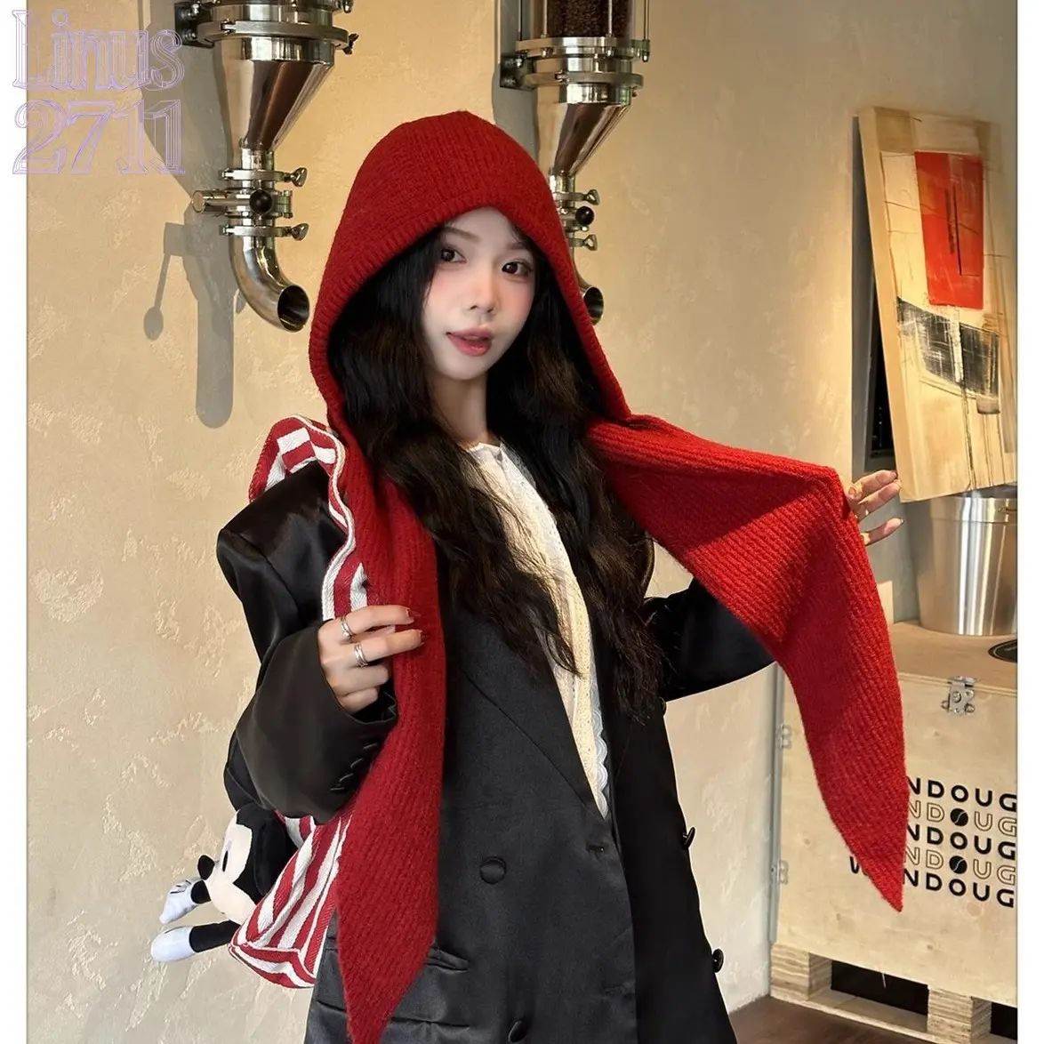 French Style Solid Knit Hooded Scarf Integrated Beanie Hat Winter Warm Ear Protection Knitted Balaclava Wrap Shawl Women Fashion Accessory