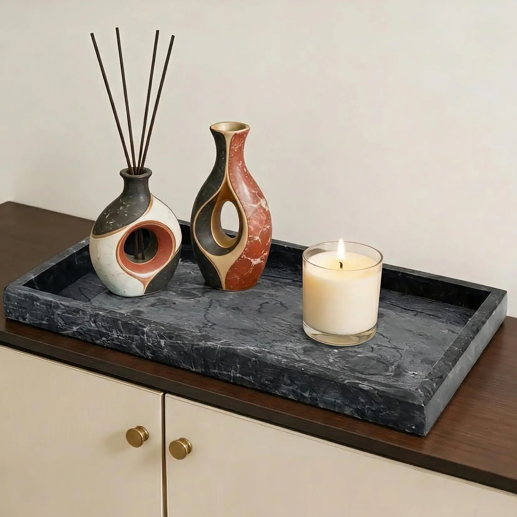 Natural Marble Bathroom Vanity Tray - Minimalist Rectangular Smooth Stone Serving Tray with Non-Slip Pads, Easy-Clean Marble Decor Holders & Dispensers for Bathroom, Dresser