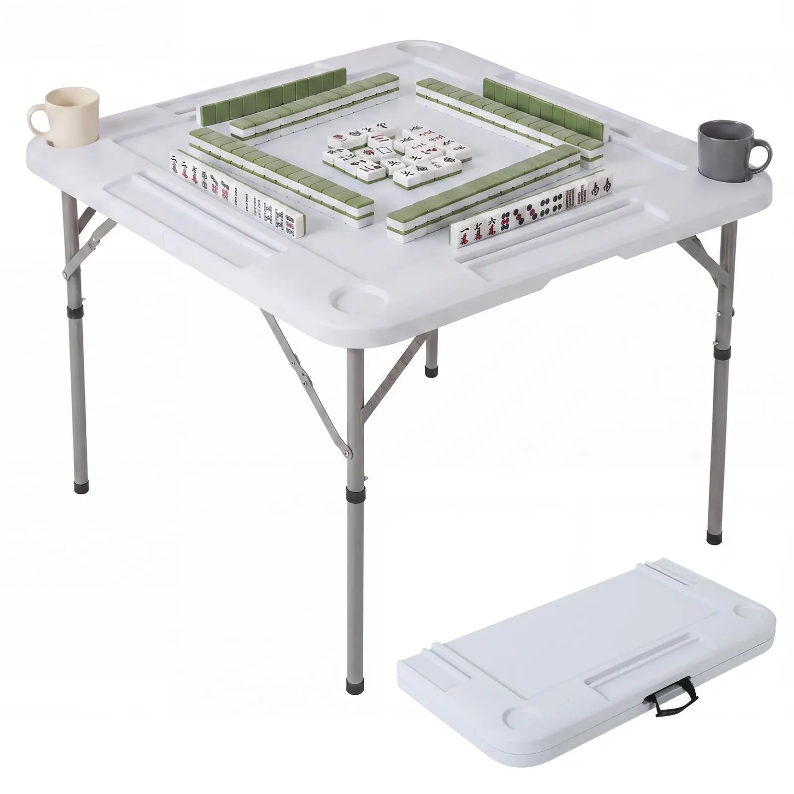 34 in Square Lightweight Foldable Gaming Table with Metal Legs - 4 Cup Holders, Easy Setup, Space Saving Portable Camping Table for Mahjong, Poker, Indoor Outdoor Game Night Essential Furniture, Lightweight Foldable Table