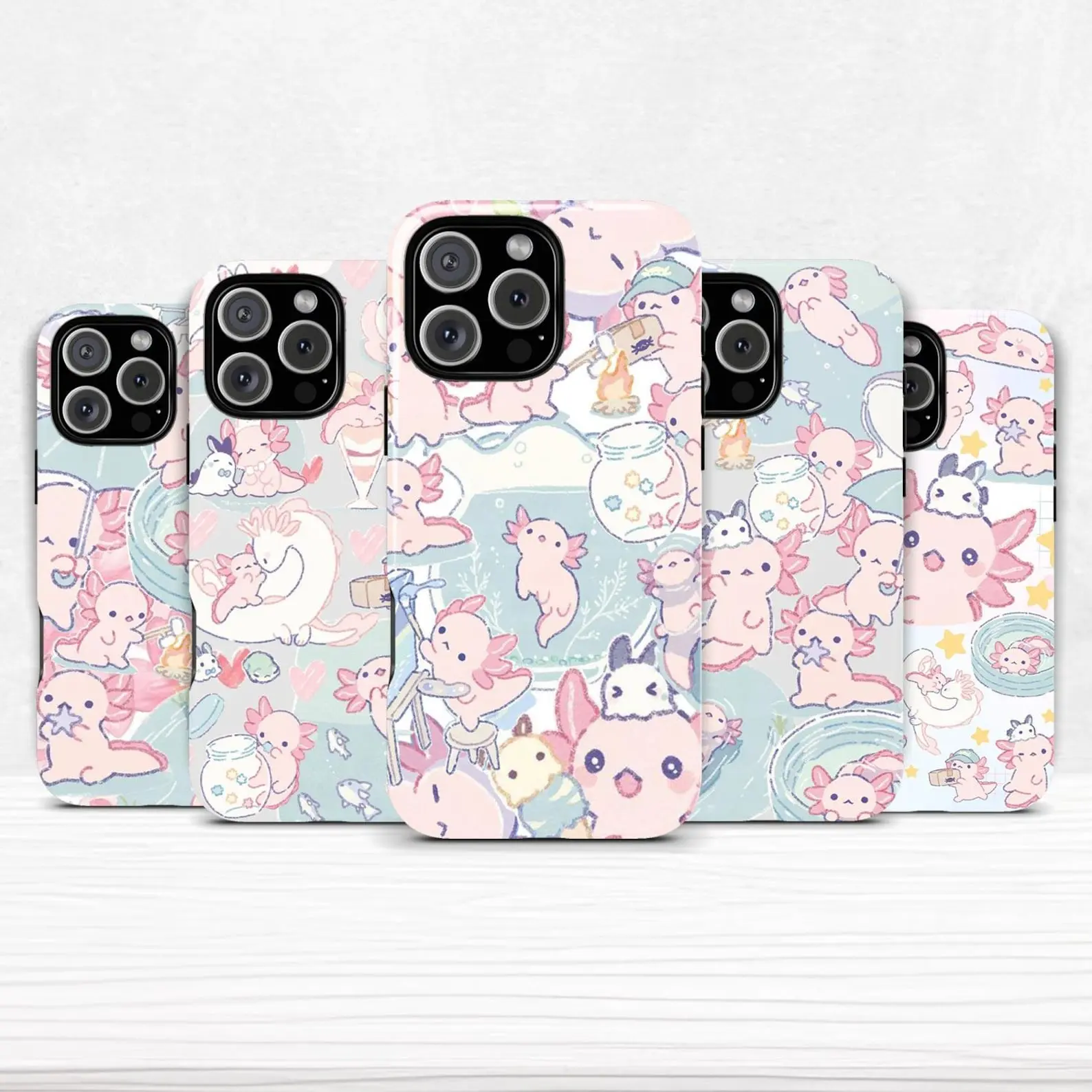 Protective Axolotl-Pattern Dual-Layer Mobile Phone Case - Compatible with iPhone 11-17 Pro Max/Plus, Samsung Galaxy S23-S25 Various Models