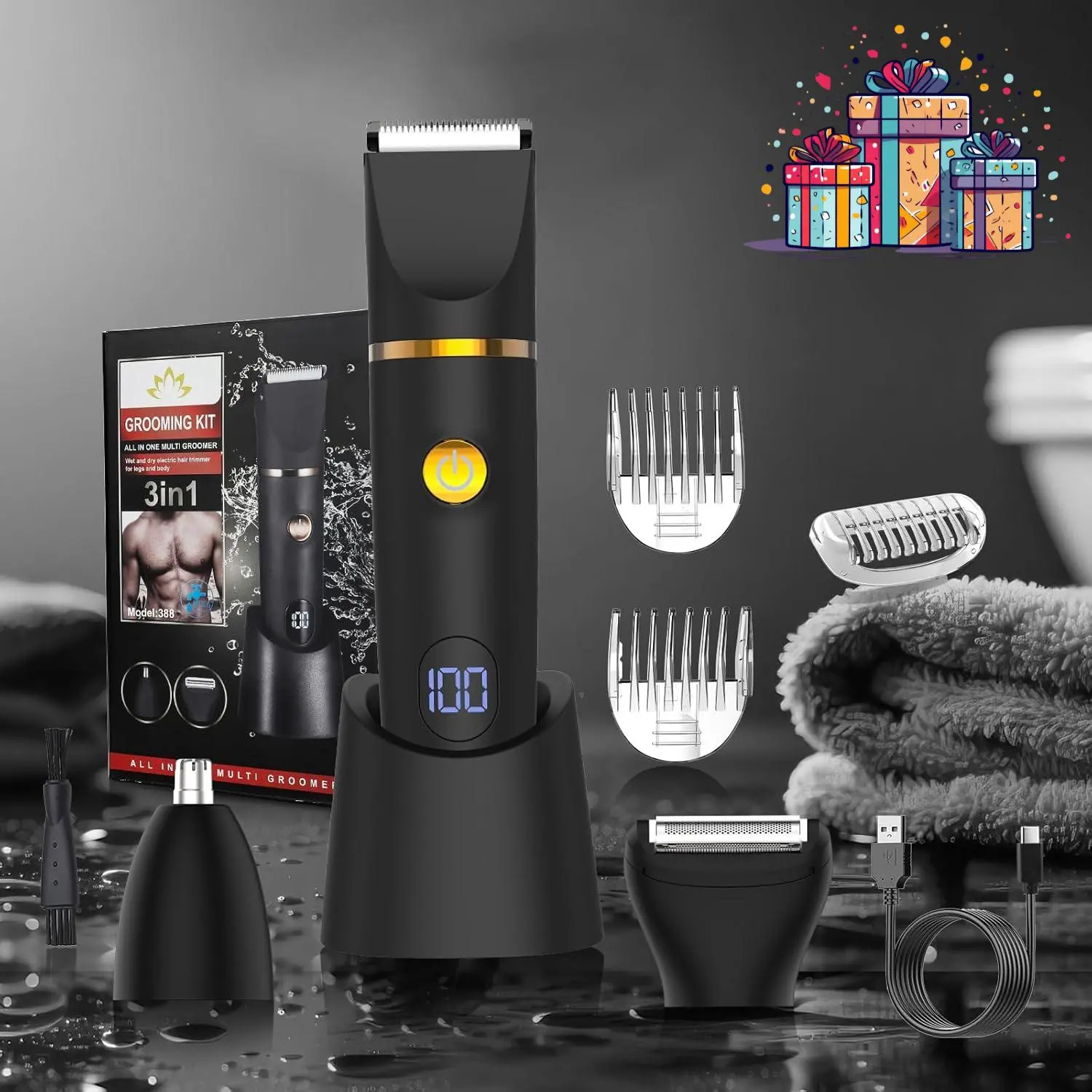 Professional Men's Manscape Trimmer with Safe Skin Technology - 3-in-1 Waterproof Electric Groin & Body Hair Shaver, Cordless Grooming Kit with Charging Dock