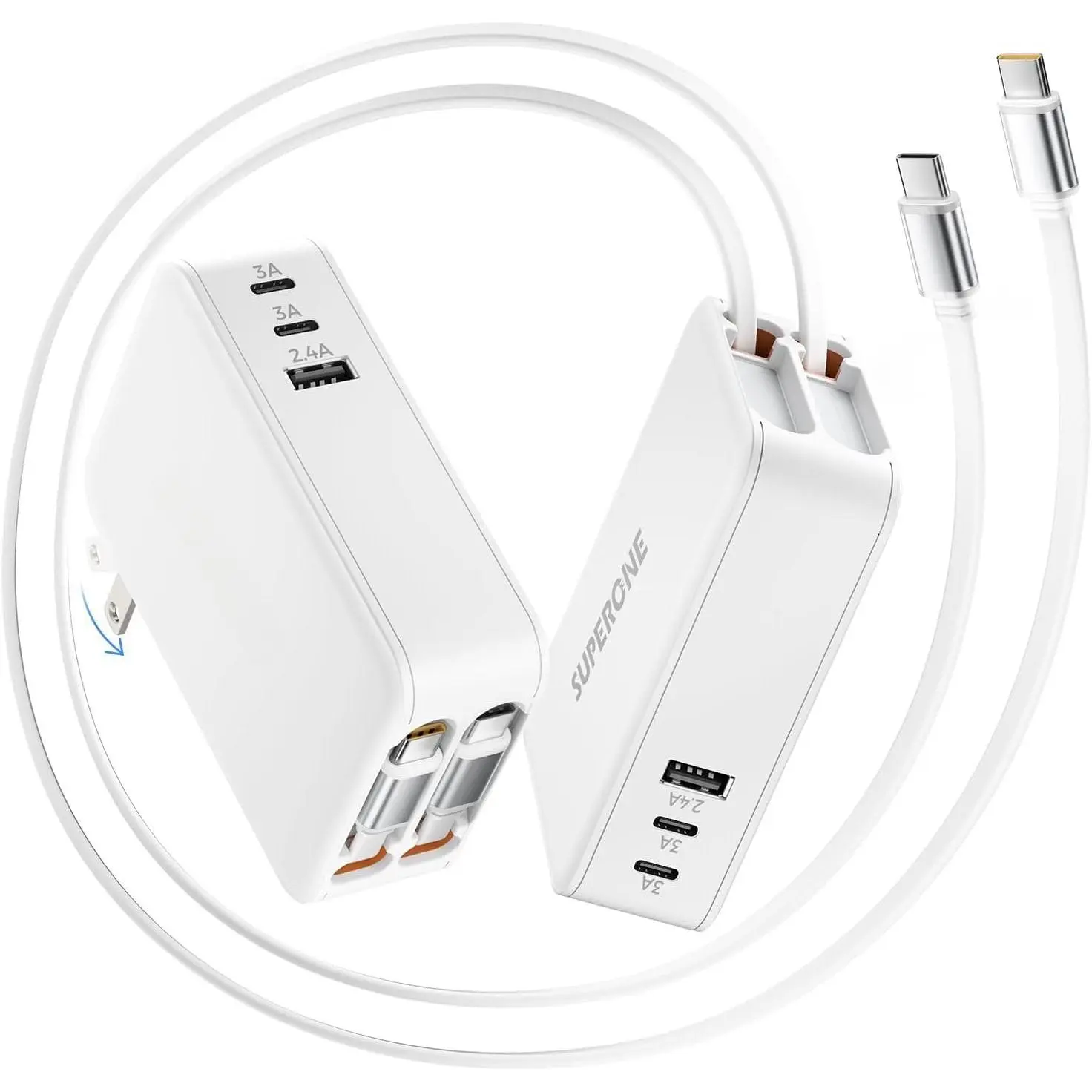 65W Retractable Wall Charger with  USB C Cables, 5-Port GaN Charger Block, Compact Foldable Power Adapter,   for MacBook Pro/Air,  XPS, ThinkPad, ZenBook, , iPad