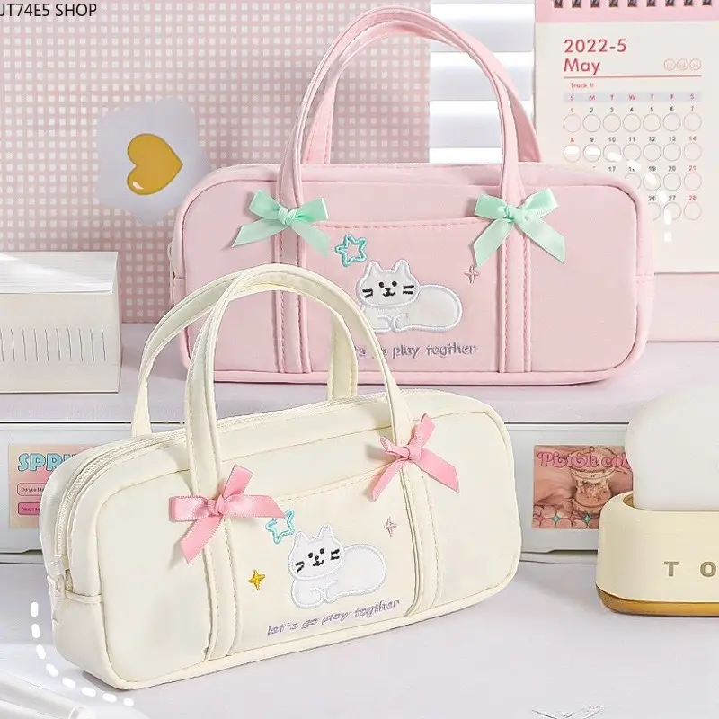 Cute Bow Kitten Embroidery Pencil Case, Fresh Minimalist Portable Stationery Bag