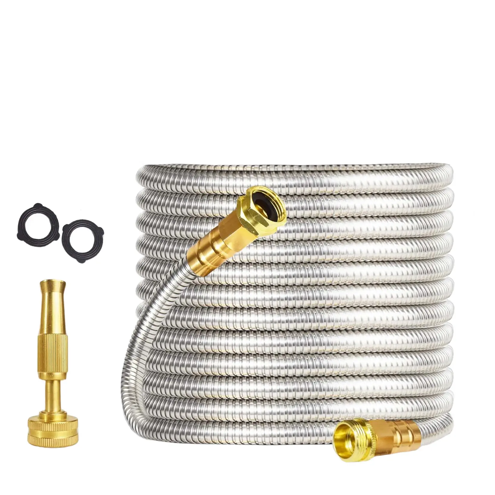 Heavy Duty Stainless Steel Garden Hose – Flexible, Kink-Proof Metal Water Hose with Adjustable Brass Nozzle – Durable, Weather Resistant Outdoor Hose for Lawn Watering, Car Washing, Yard Irrigation – 25FT