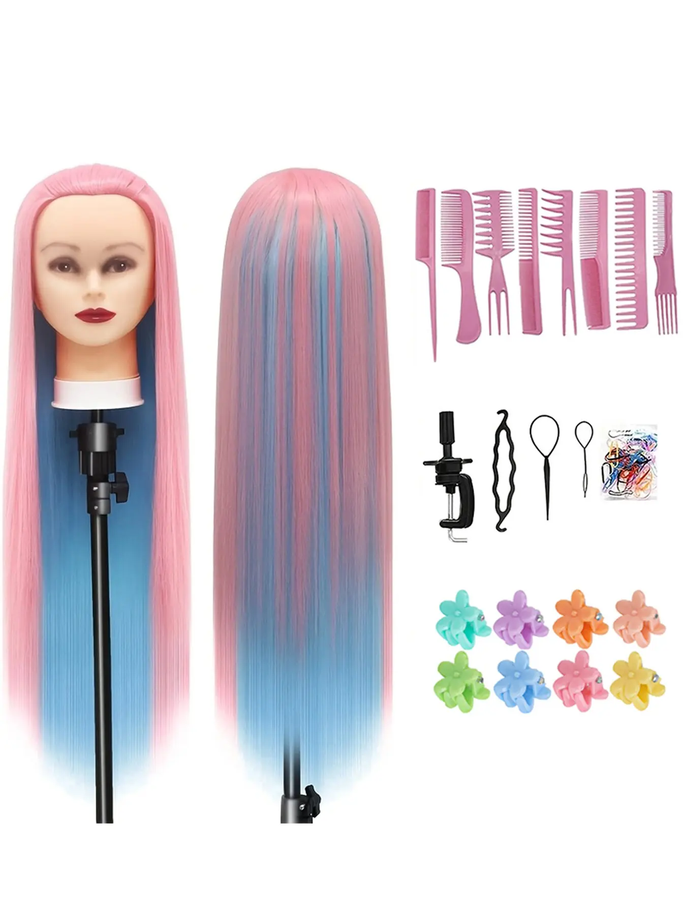 28 Inch Styling Head for Hairdressers, 100% Synthetic Fibres, Includes Free Clamp and DIY Braiding Set, Ideal for Training and Practice, Training Tool