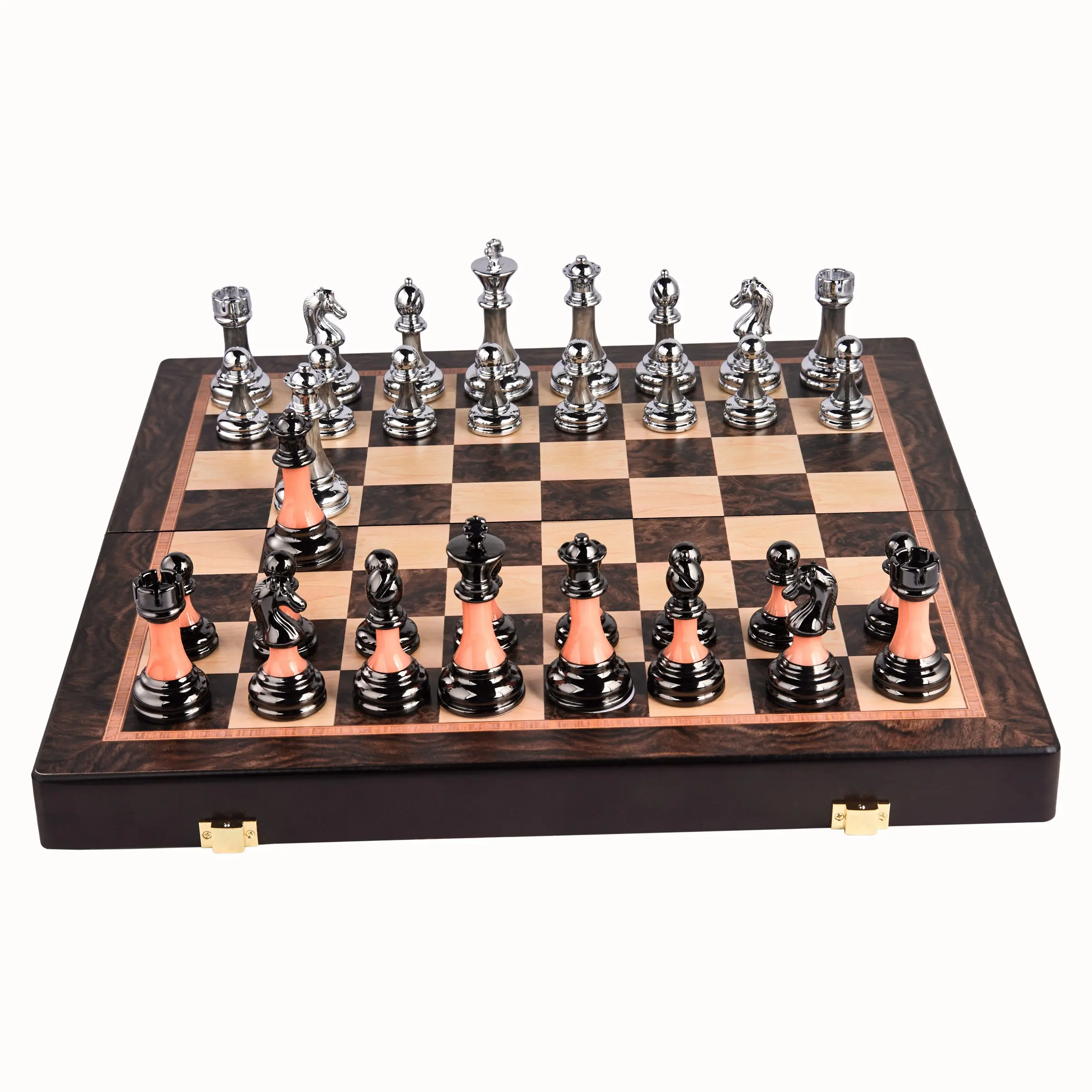 17 Inch Luxury Metal Chess Set, Folding Wooden Board with Weighted Silver & Black Gold Accent Pieces, Professional Tournament Chess Game for Adults, Handcrafted Premium Chess Set with Storage, Elegant Home Decor & Perfect Gift for Chess Enthusiasts