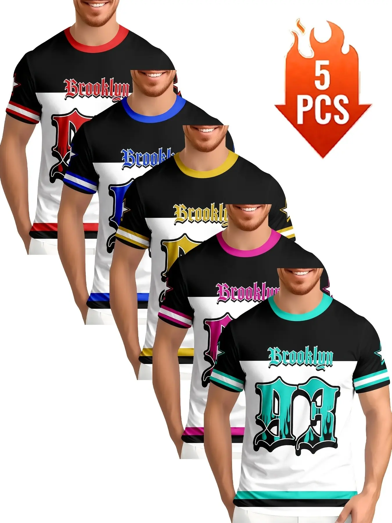 Men's 5-Pack Colorblock Short Sleeve T-Shirt, Brooklyn Gothic Font 93 Number Print, Casual Summer Streetwear Top