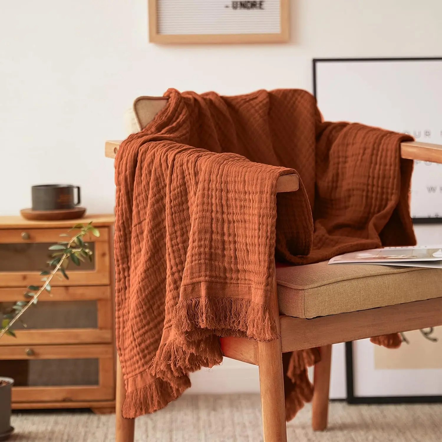 Muslin Throw Blanket - 50x60 in Knit Woven Gauze Blanket with Tassels for Home Bed Couch, Soft Lightweight Pre-Washed Breathable Modern Room Decor with Cozy Warmth (Rust Orange), Multi-Use