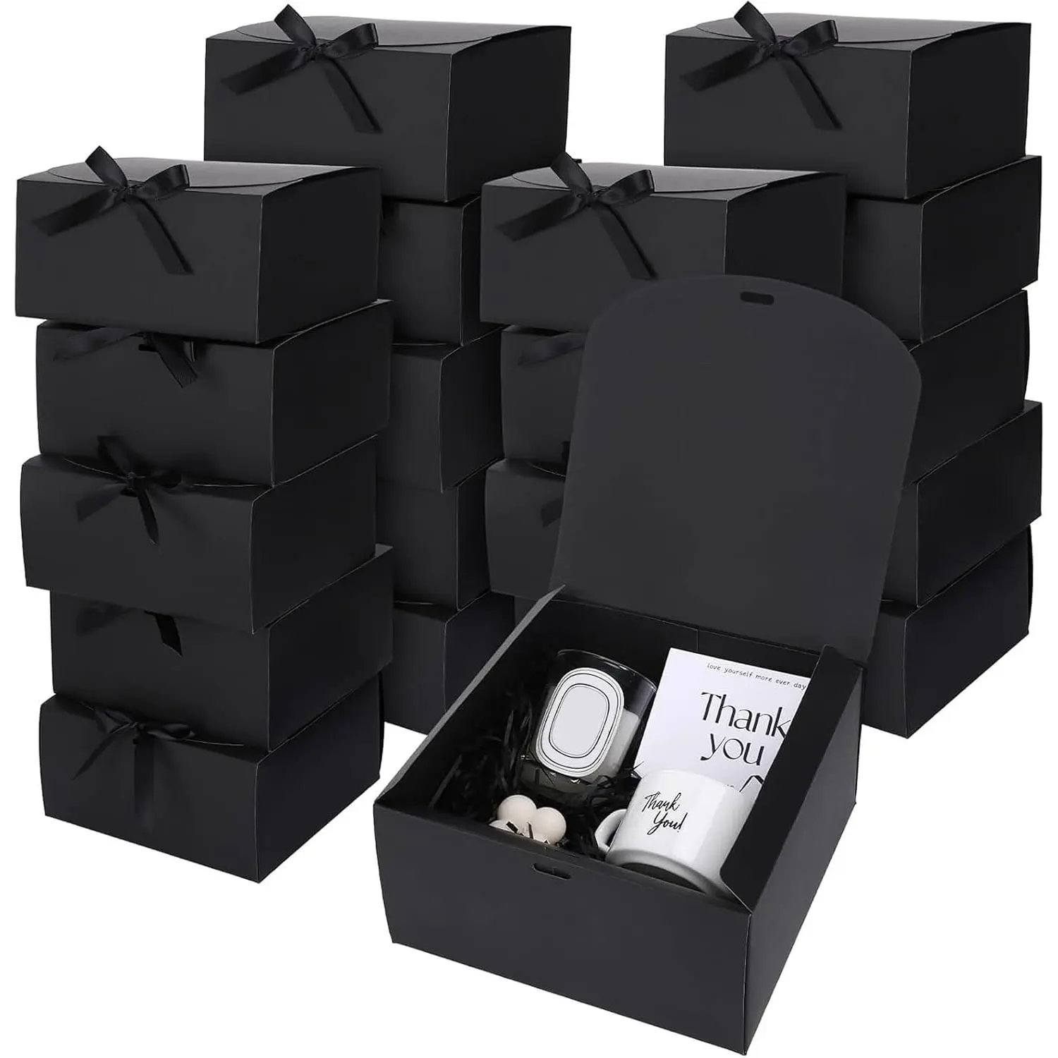 20 count Black  Boxes with  Ribbons 8 x 8 x 4 Inch Bridesmaid Proposal Box with 100 count Glue Points for Wedding Packaging Present Birthday Craft Snack Holiday Party Favors