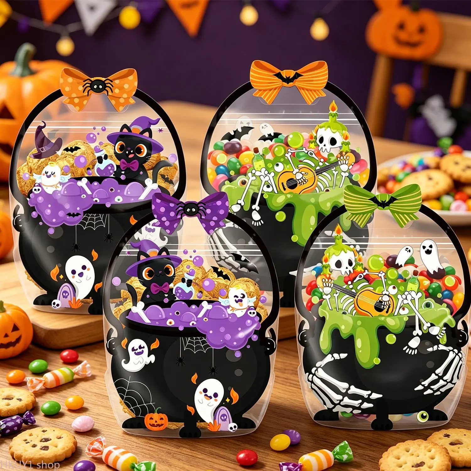5 To 10 Pieces Set Halloween Self Standing Treat Bags Pumpkin Skull Bat Ghost Cat Design Resealable Stand Up Candy Bags Kids Party Favor Trick Or Treat Goodie Bags Gift Wrapping Supplies Cute Cartoon Snack Storage Party Birthday Decoration Seasonal Use