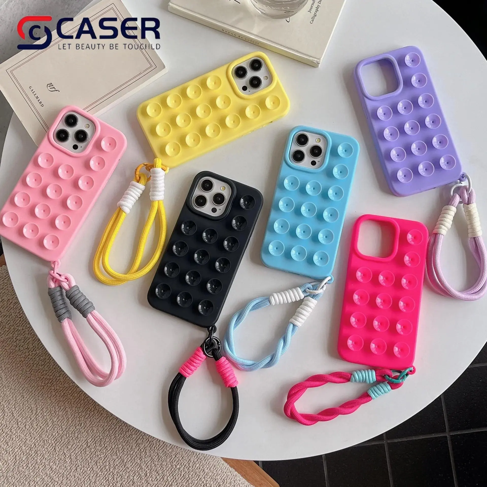 3D Suction Silicone Phone Case with Hanging Rope, Creative Latest Minimalist Macaron Color Waterproof Cover for iPhone 16/17/18