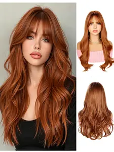 MIXPOP Ginger Orange Wig with Bangs, 22 Inch Long Wavy Synthetic Wig, Natural Look, Heat-Resistant Fiber, Comfortable&Breathable Mesh Cap, Suitable for All Occasions