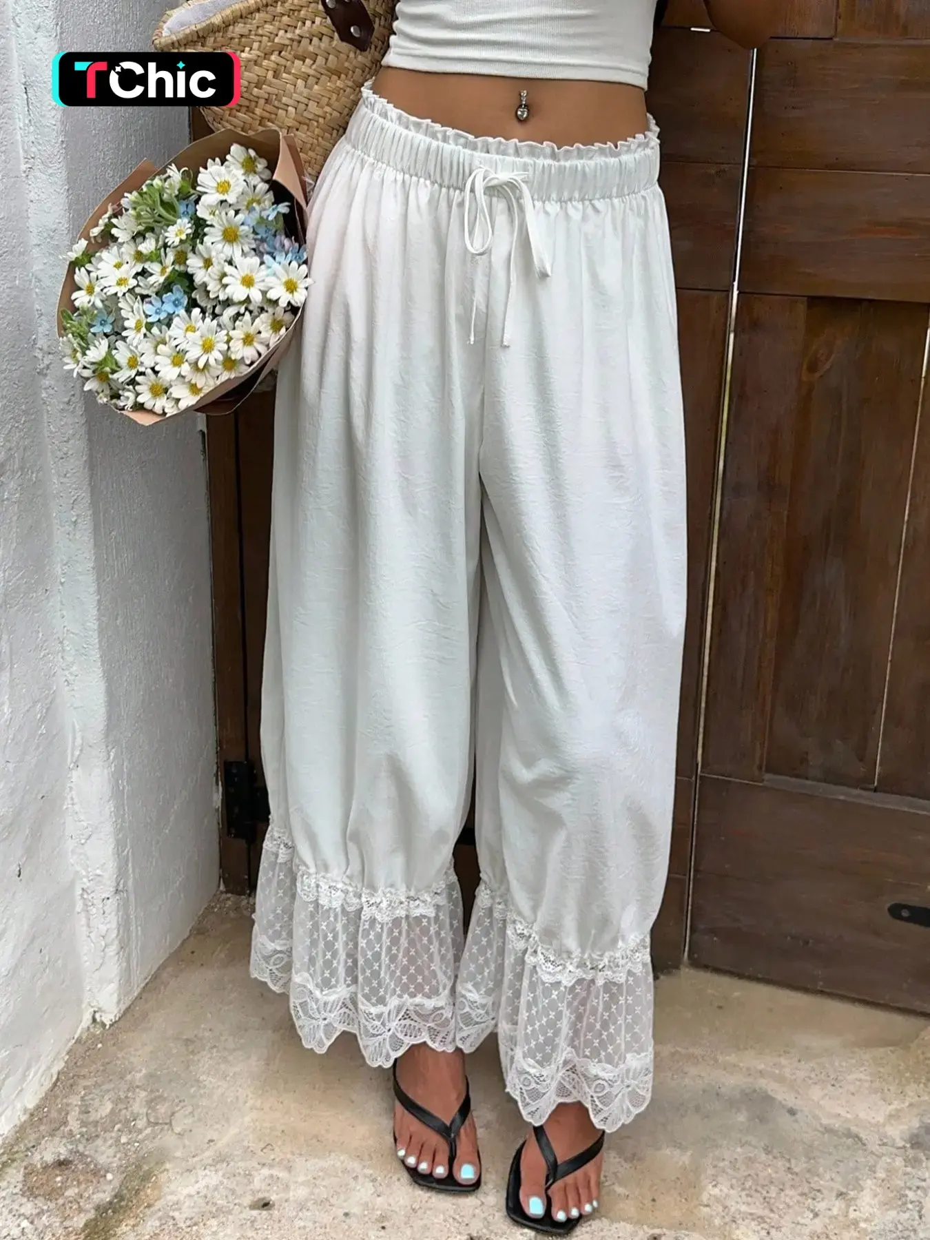 Women's Vintage Fashion Casual Textured Lace Loose Baggy Long Pants Bottoms, Comfortable and Stylish, Perfect for Daily Wear and Relaxing Moments, Everyday