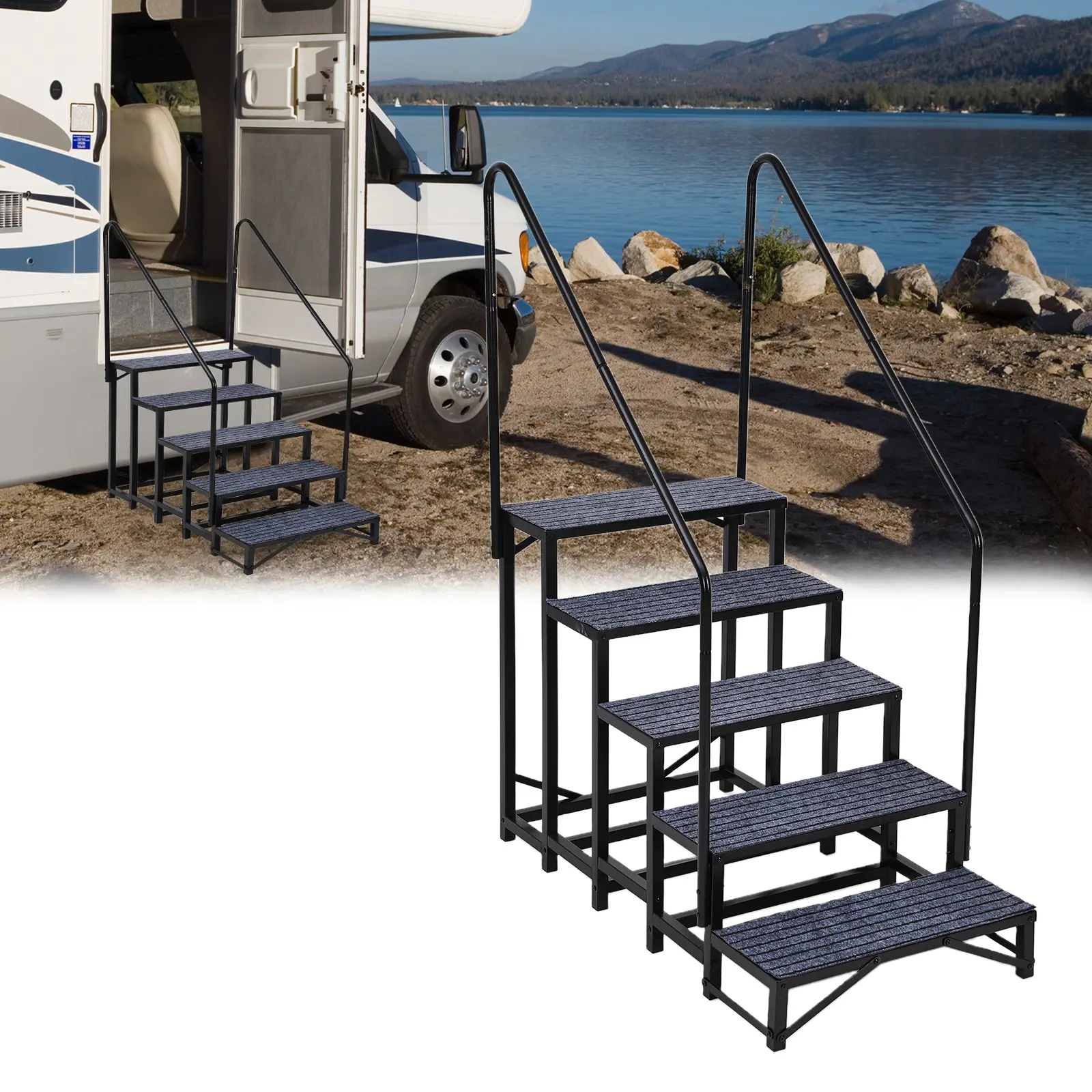 5 Tier Foldable Portable RV Step Ladder Complete with Safety Handrails & Anti-Slip Pads, Multi-Use Access Stairs for Camper Trailers, Mobile Homes, Hot Tubs, Patio Porches, Swimming Pools & Pet Entry
