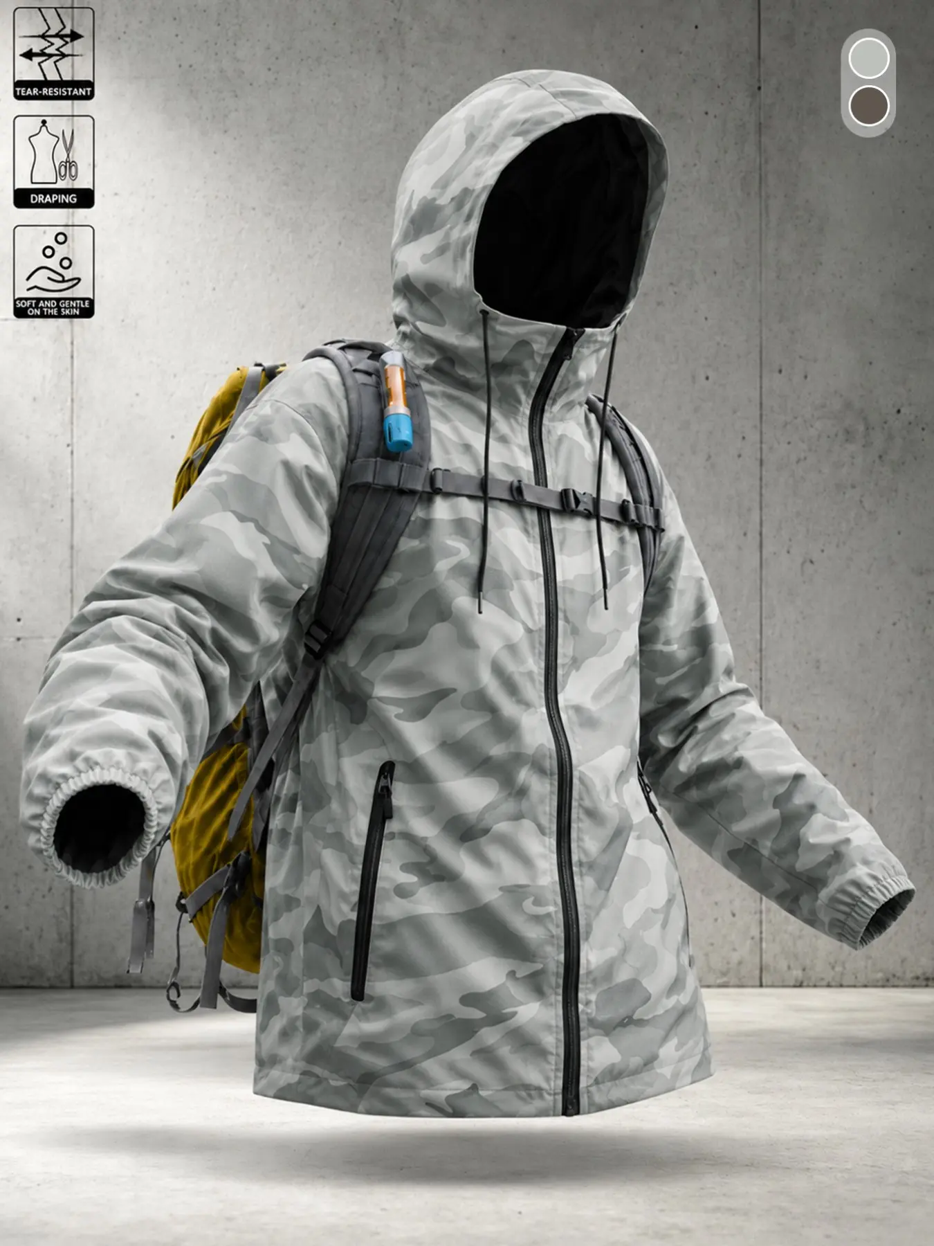Men's Fall Winter Hooded Jacket with Zip Pockets, American Outdoor Camouflage Style, Full Print Elastic Waist Basic Coat