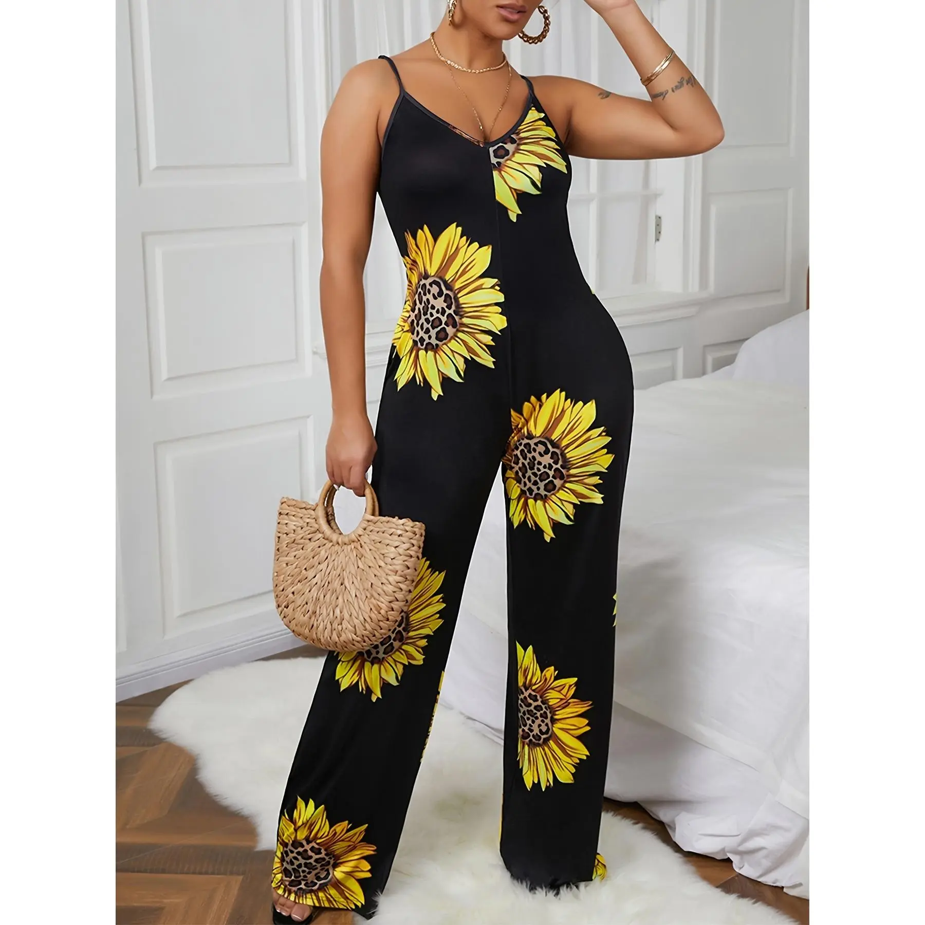 New Summer Sunflower Print Wide-Leg Romper for Women with Sexy Spaghetti Strap Design